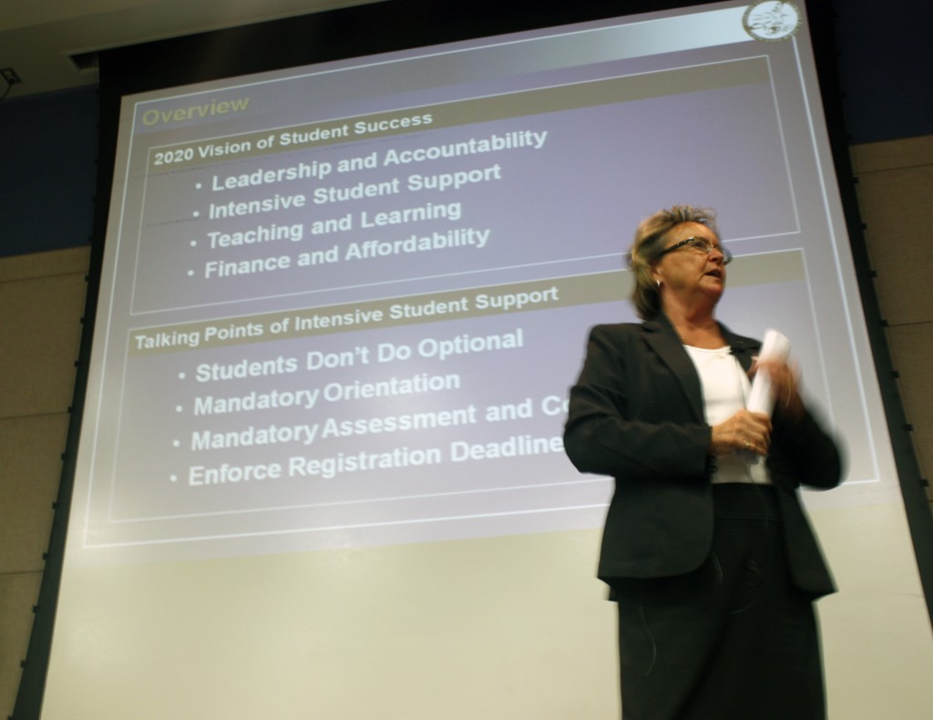 Cerritos College President Linda Lacy shares the schools vision of student success to the Cerritos College students and faculty. According to Lacy, her goal for Cerritos is to become the national leader in student success in the following years.