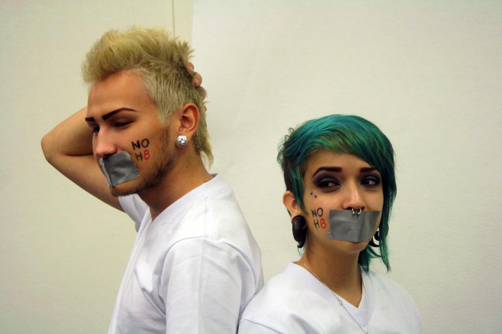 The Queer Straight Alliance held a silent protest as a campaign against Proposition eight. Andrew Leon, cosmetology major (left) and English major Kassandra Sandavol (right) represented themselves as opposers of the Proposition eight.  