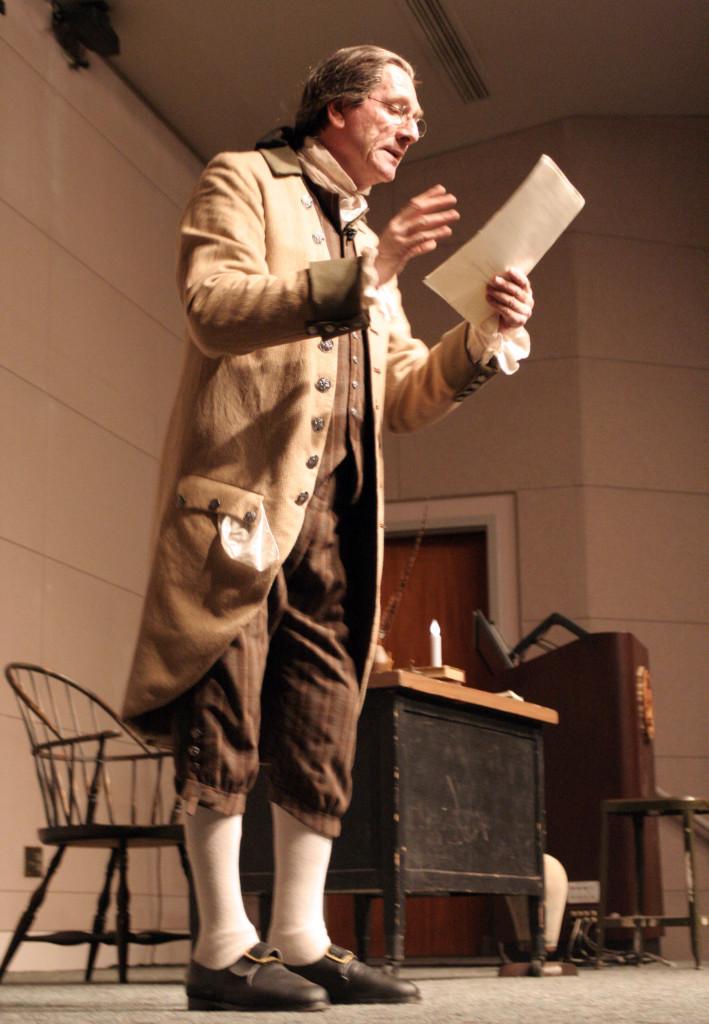 Trained actor from the London at the Royal Academy of Dramatic Art, Ian Ruskin, performing his one-man play “To Begin the World Over Again: The Life of Thomas Paine.” Ruskin performed at the Teleconference Center on Oct. 10. 