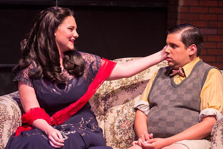 Kelsey England (Amanda) speaks with Matthew Cruz (Lawrence) in For Whom the Southern Belle Tolls.