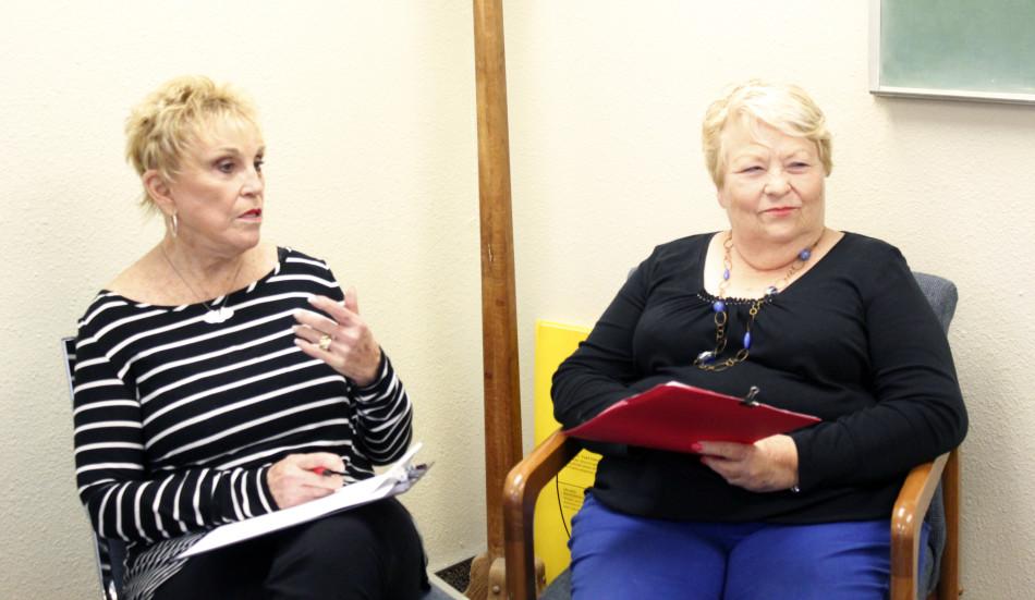 Assistant Director Vicky Daniels (left) and Director Deana Porter (right) hold a meeting to discuss what the Low Cost Community Counseling Center is currently doing.  Porter was one of Professor Todd Gaffneys former students. Photo credit: Gustavo Olguin
