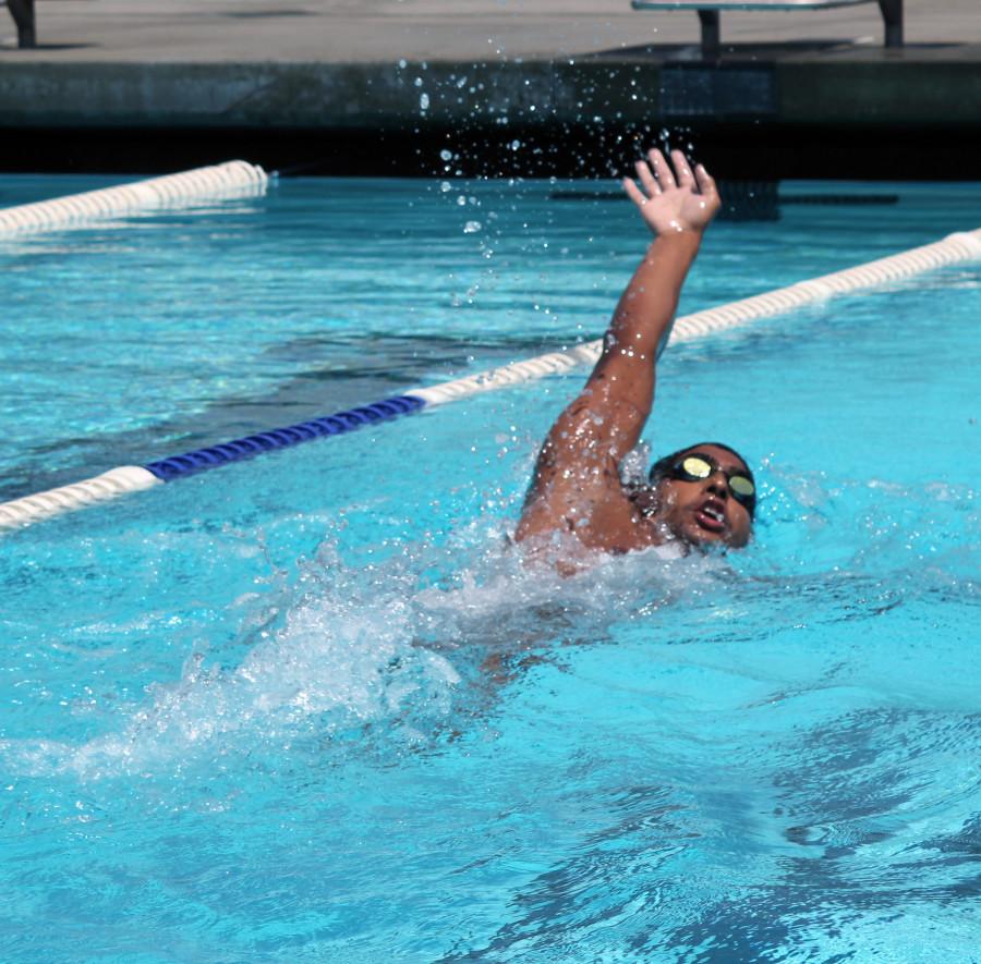 Marlon Moreno has qualified for the California Community College Athletic Association Championships.  His time of 54.00 seconds on the 100 meter backstroke placed him 14 out of 16. Photo credit: Gustavo Olguin