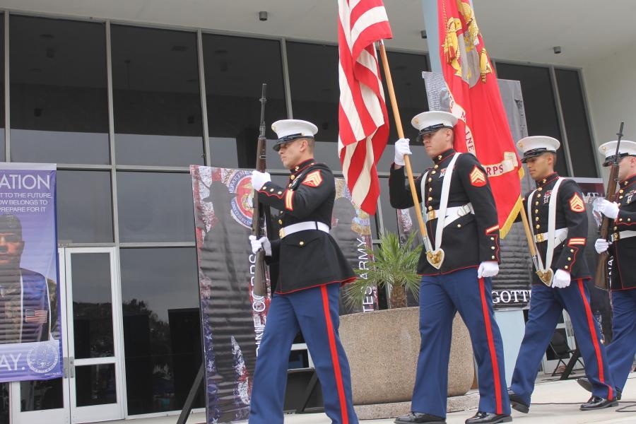 The Marine Corps Color Guard were present at the Veterans Day Ceremony Monday, Nov. 10. Guest speakers, including veterans, told stories and spoke about the emotions of serving the United States. Photo credit: Denny Cristales