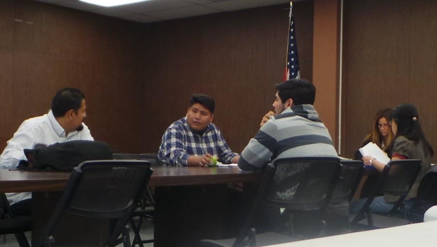 Eddie De La Rosa, Victor Macias, Alejandra Lopez, Tam Tran, Andrew Ballantyne February 24 2015 ASCC court meeting. The ASCC court waiting to create the presidential and trustee election committees. Photo credit: Perla Lara