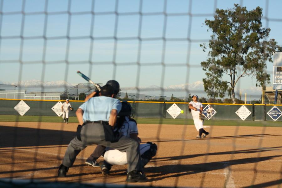 Pitcher+Evelyn+Labatos+threw+seven+innings+for+the+Falcons.+She+gave+up+five+hits+and+had+seven+strikeouts%2C+leading+to+a+1-0+Cerritos+win.+Photo+credit%3A+Monica+Gallardo