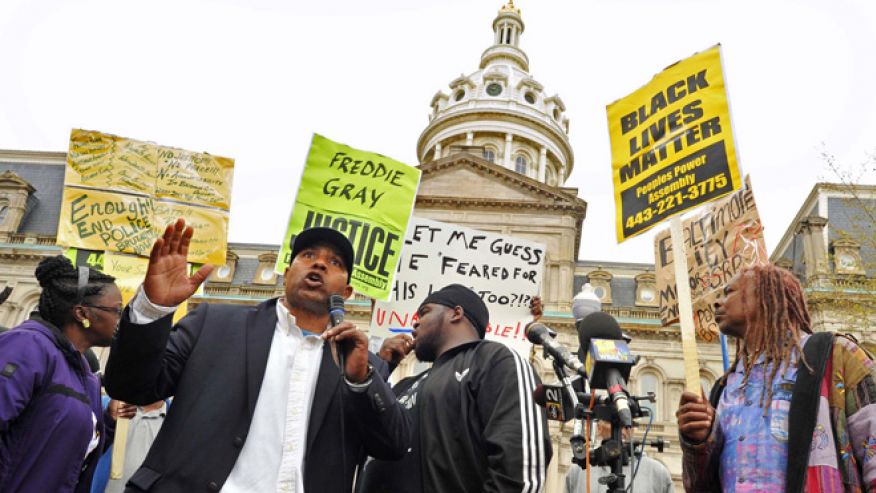 Edward Brown speaks at a protest outside City Hall about Freddie Gray in Baltimore. (Amy Davis/The Baltimore Sun via AP)