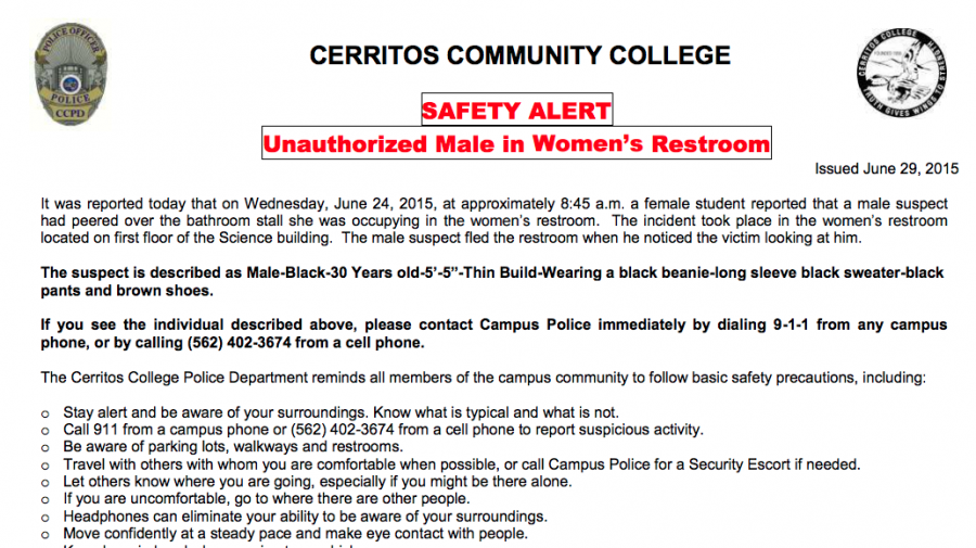 The safety alert went out to the Cerritos College community in the afternoon. If you see the suspect described contact Campus Police by dialing 911 from any campus phone or call 562) 402-3674