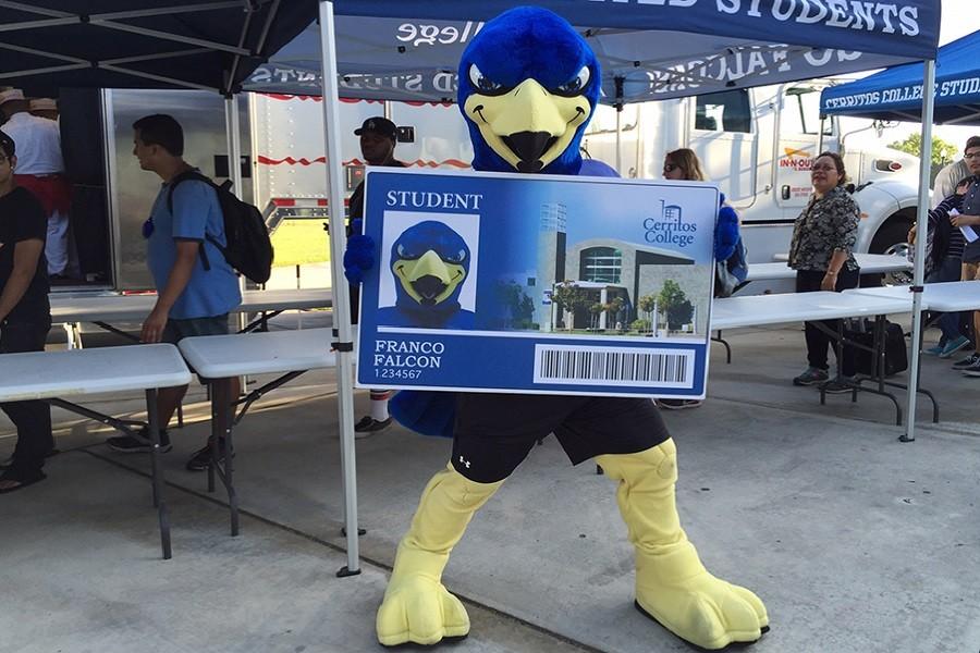 Franco the Falcon poses with the new student ID. The new ID's which will come at no additional cost to the students are due out on Thursday, Sept. 17. Photo credit: Briana Velarde