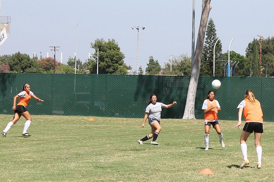 The team scrimmages at the end of practice on Tuesday August 18. Here, a play off a throw-in is being made. Photo credit: Taylor Ogata