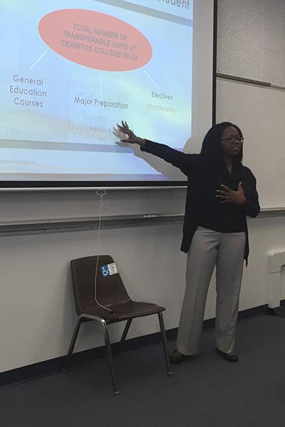 Counselor Clara Ross-Jones goes over what is needed to transfer. Students will need to take General Ed. courses , complete major requirements, and any electives if needed. Photo credit: Ethan Ortiz