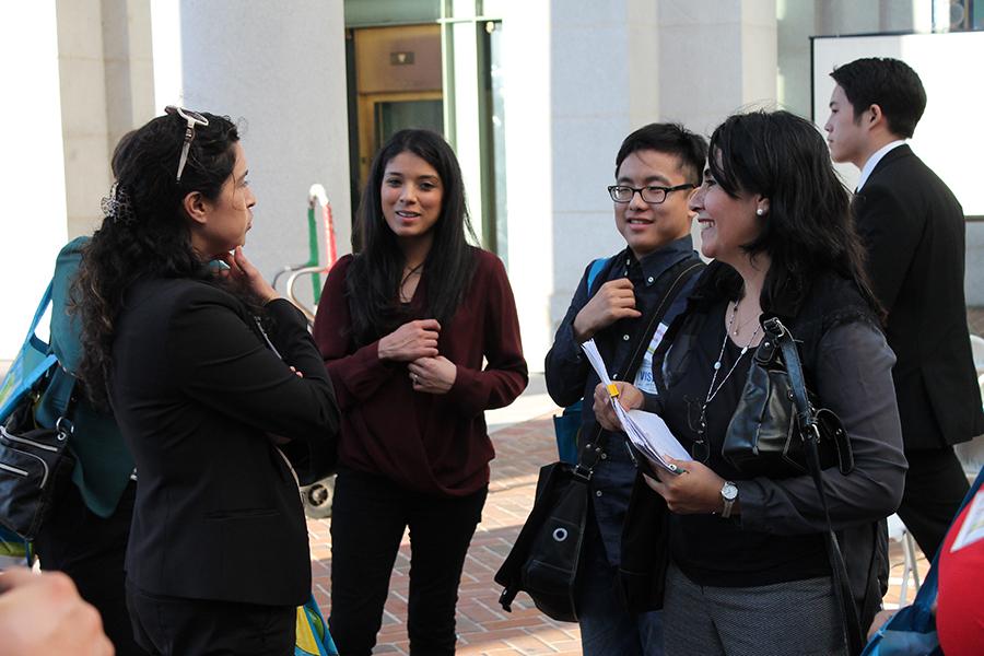 Disabled Students Program and Services Counselor Aurora Segura (far right) and culinary arts major Joshua Kwak, (right) speaking to his mentor Claudia Macias (far left), a DSPS counselor at Los Angeles Trade Tech College. Kwak said he enjoyed his time with his mentor.
