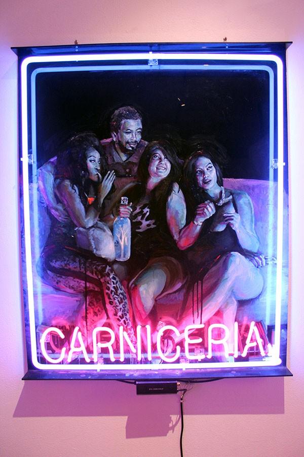 Contemporary artist, Patrick Martinez, showcases his 'carniceria (2015) piece among others. The neon painting focuses in bringing sublime beauty to things that aren't traditionally thought as conventionally beautiful. Photo credit: Bianca Salgado