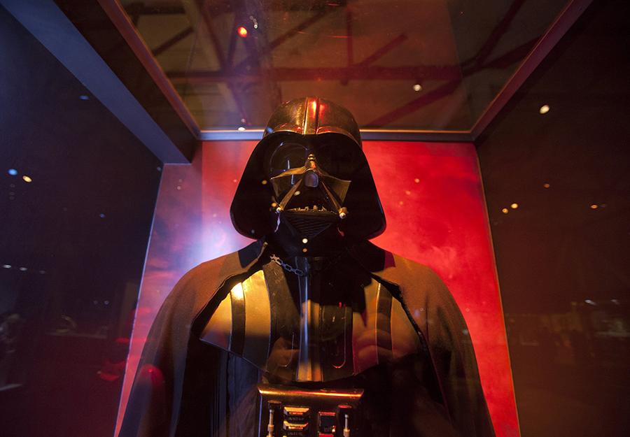 An original Darth Vader costume is one of the displays in "Star Wars: Where Science Meets Imagination," at the Tech Museum of Innovation in downtown San Jose, California, on Tuesday, October 15, 2013. The pop culture extravaganza, which stars a life size replica of the Millennium Falcon cockpit among other geek Holy Grails from the "Star Wars" universe, brings the George Lucas mythos back home to the Bay Area where it all began. (Patrick Tehan/Bay Area News Group/MCT)