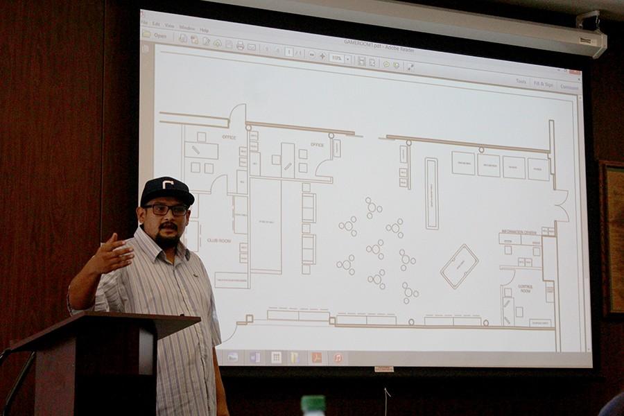 ASCC President Eduardo De La Rosa explaining the layout of the new Student Activities Center.
The center will take over what is now the Game Room and have new furniture and areas for students to hang out in. Photo credit: Sebastian Echeverry