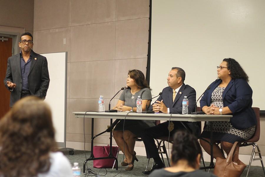 Political Science professor Falcon presented the Latinos in Politics panel which consisted of (from left) Dr.Olga Rios, State Senator Tony Mendoza, and representative for Linda Sanchez Angelina Mancillas. Each member spoke of their motivation and beginnings in politics. Photo credit: Karla Enriquez
