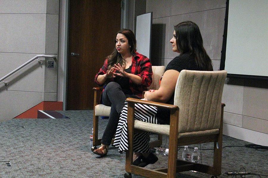 Cerritos College alum, Wendy Solorio (left) explains how her bone cancer spread in her left leg. Monica Lopez (right) and the audience listen during Solorios book, Mexicancer, presentation on Monday Oct. 12 in the Teleconference Center. Photo credit: Bianca Salgado