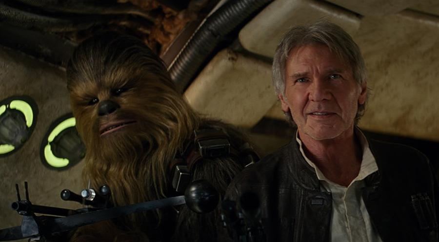 Peter Mayhew and Harrison Ford in "Star Wars: The Force Awakens." (Photo courtesy Lucasfilm/TNS)