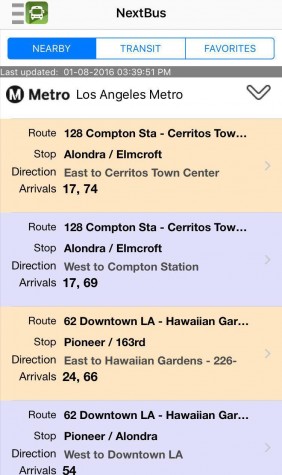 The NextBus app shows you the nearest bus stops along with the arrival times. The app is free on the app store.