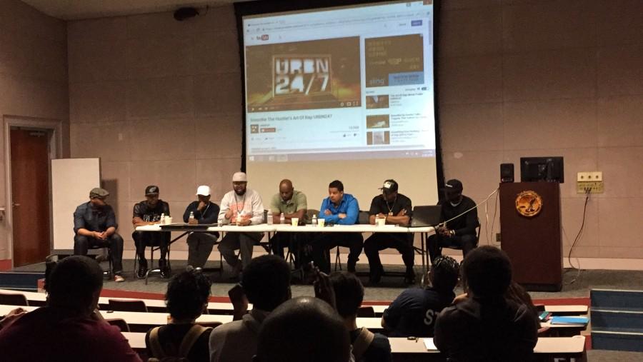 English Professor, Damon Cagnolatti, host hip hop panel for black history month. Cagnolatti and a group of panelist share insight on the culture behind the music. Photo credit: Briana Velarde