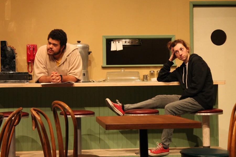 Christopher Amador (English major) plays a chef at the Cafe Cino. Arielle Martinez (Theater Arts major) plays a junkie. Photo credit: Benjamin Garcia