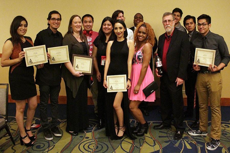 Talon Marks spring 2016 staff celebrates their awards at the Journalism Association of Community Colleges State Conference at the Burbank Marriot. News Editor Ethan Ortiz took home an honorable mention for on the spot news writing while Platforms Editor Briana Velarde, Editor-in-chief-Karla Enriquez, and Online Editor Kristopher Carrasco won second place on video story.  Photo by: Emily Hermosillo/ Citrus Clarion