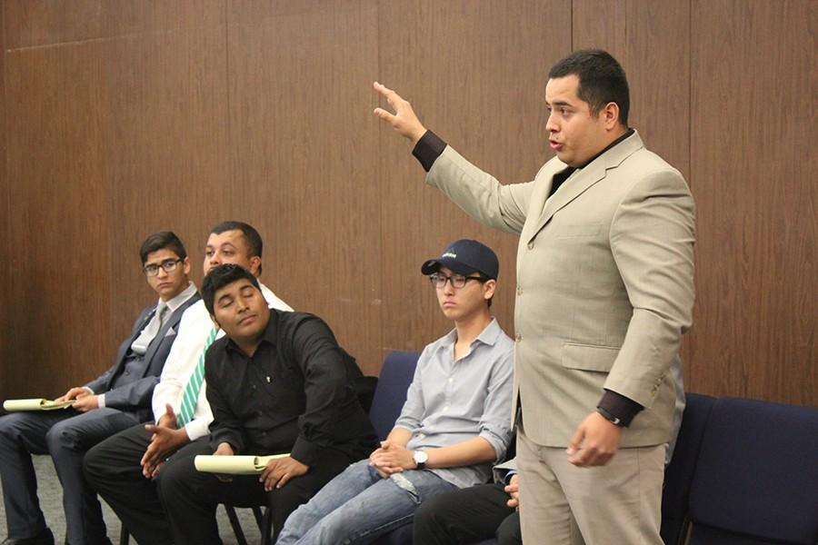 From Right: Vice presidential candidates Enrique Rueda and Ryan Kang, followed by presidential candidate Joseph Fierro, Enrique Rodriquez and his presidential counterpart Saul Lopez all share their goals at the Monday, March 28 debate. Elections will take place on Tuesday and Wednesday, Apr. 6 and 7. Photo credit: Gustavo Lopez