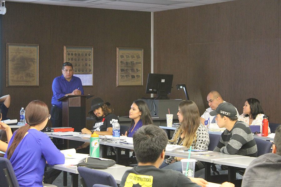 Andres Vergara, Commissioner of Budget & Finance presents the 2016-17 ASCC Budget for the Senate. The topic that lasted the longest to discuss was Falcon Kids and whether or not the budget should be cut. Photo credit: Jenny Gonzalez