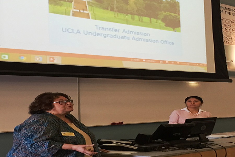 Rosa Pimentel (far left) and Jessica Romero finish off the even with closing remarks. They expressed what needed to be done to transfer to UCLA. Photo credit: Jenny Gonzalez