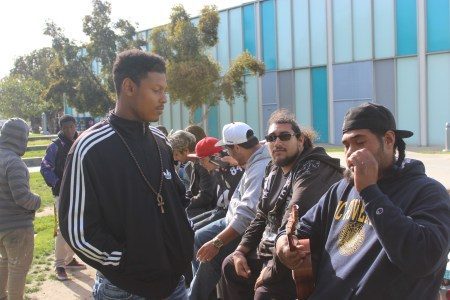 Commercial music major Jair Culberson (left) and former student Iese Maiava (right) perform an impromptu ukulele rap piece. The two have a musical chemistry together after playing music for so long. 