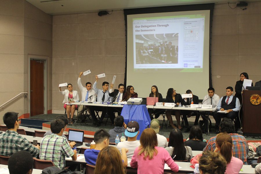 Cerritos College Model UN delegates motion to speak during the last simulation of the spring semester. Model UN participated in LAMUN Conference in April at Universal City. Photo by Tisha Lenon/TM