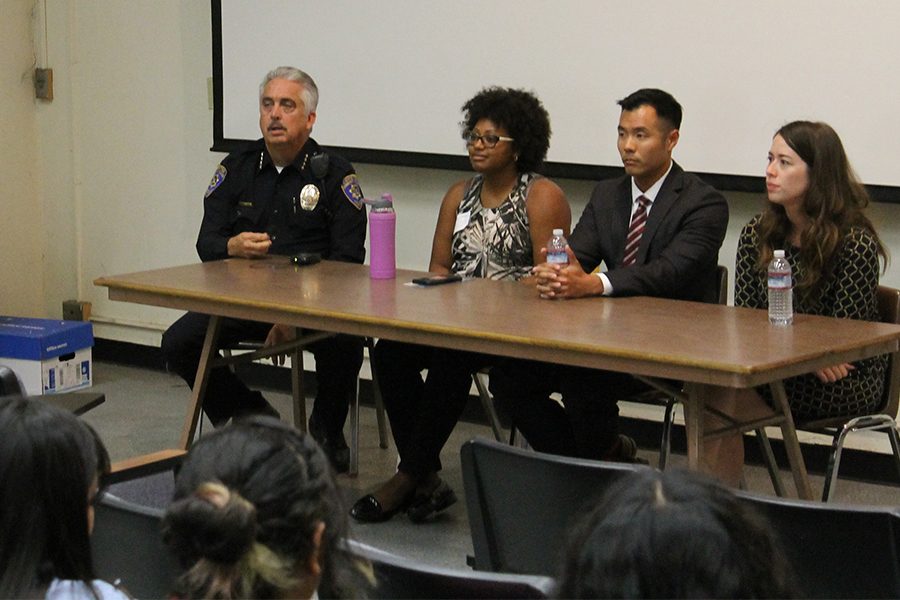 From left to right Chief of Campus Police Tom Gallivan, Director of Diversity, Compliance, and Title IX Coordinator Dr. Valyncia Raphael, member of District Attorney Office Brian Soo-Hoo, and Kristen Gardenhire, who works at the Long Beach Trauma Recovery Center, Gallivani discussed sexual abuse and how they handle it. Gallivani also discussed the resources the campus police provide. Photo credit: Max Perez
