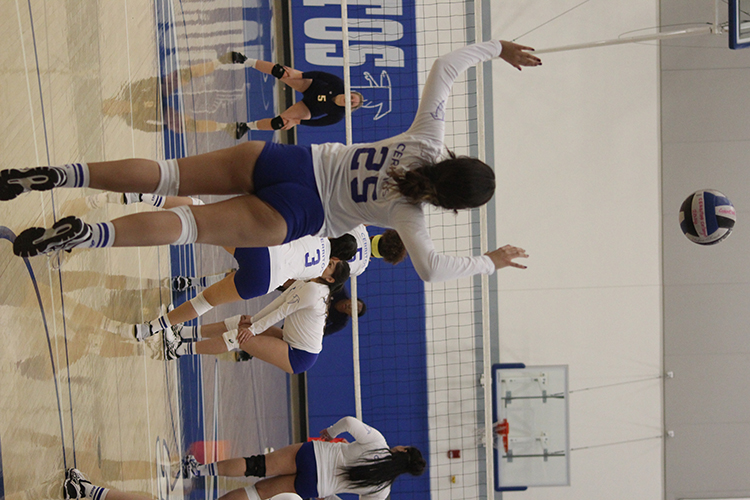 Right side Leslie Larranga skies high for a serve. The Falcons were able to beat the LA Harbor Seahawks in straight sets in the season finale.