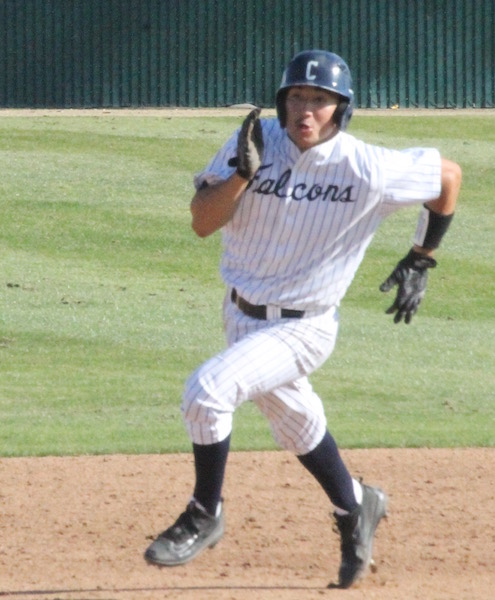 Starting catcher Adam Rubio rounds second on his way home after a RBI double by first baseman Jesus Mercado in the bottom of the fourth against Mt. SAC Thursday, March 9. Rubio and Mercado would finish with a combined four hits and four RBI. Photo credit: Max Perez