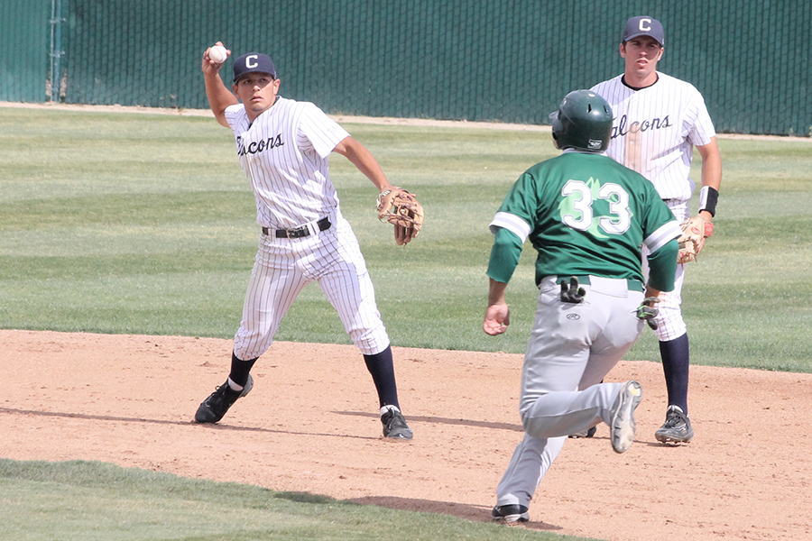 Shortstop Ramon Bramasco prepares to fire a ball to first base after tagging second base to complete the double play. Bramasco was one of four Falcons to play all forty games and led the team in at-bats with 153. Photo credit: Max Perez