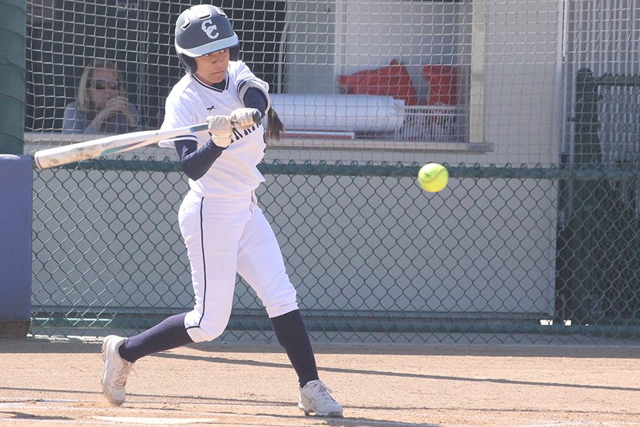 Starting+center+fielder+Kimberly+Olivas+swings+on+a+pitch+during+the+second+inning+of+the+Falcons+game+with+EC-Compton+Thursday%2C+April+20.+Olivas+finished+with+one+hit+and+one+RBI+in+the+7-0+win.+Photo+credit%3A+Monique+Nethington