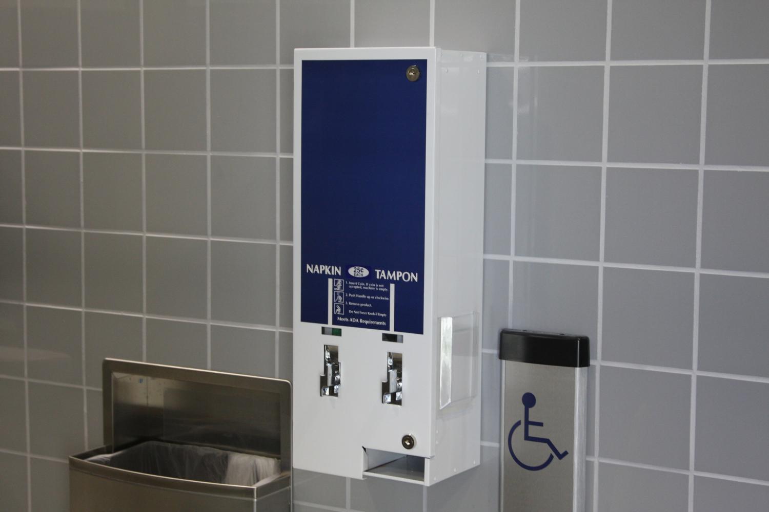 Newly installed tampon and napkin dispenser in the womens restroom of the Fine Arts Building on the second floor. All womens restroom should have dispensers according to Vice President of Student Services Dr. Stephen B. Johnson. Photo credit: David Jenkins