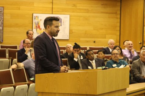 president Dr. Jose Fierro speaking infront of Cerritos city Council