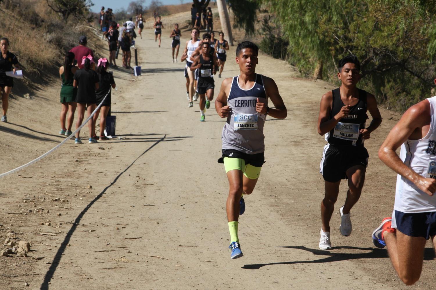 Falcons Abraxaz Sanchez coming down hill at the end of the course at Mt.SAC. Sanchez came in sixth place overall. Photo credit: David Jenkins