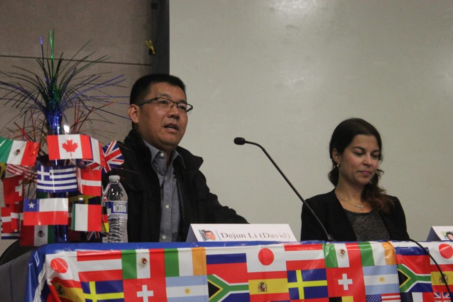 Dejun (David) Li, engineering design technology instructor, and Paula Pereira, instructor and librarian, answer student questions in a panel. Educators share their experiences as international students that led them to their careers. Photo credit: Carlos Martinez