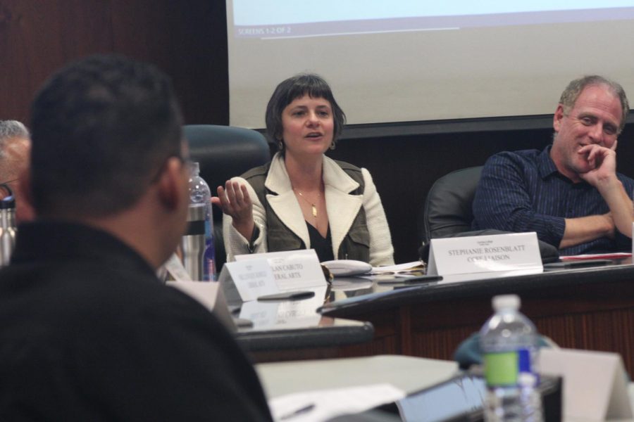 While in Faculty Senate Stephanie Rosenblatt, Cerritos College Faculty Federation liaison, asks other members to attend the Board of Trustees meeting. Rosenblatt hopes to have 40 other faculty members attend the meeting to support part-time counselors. 