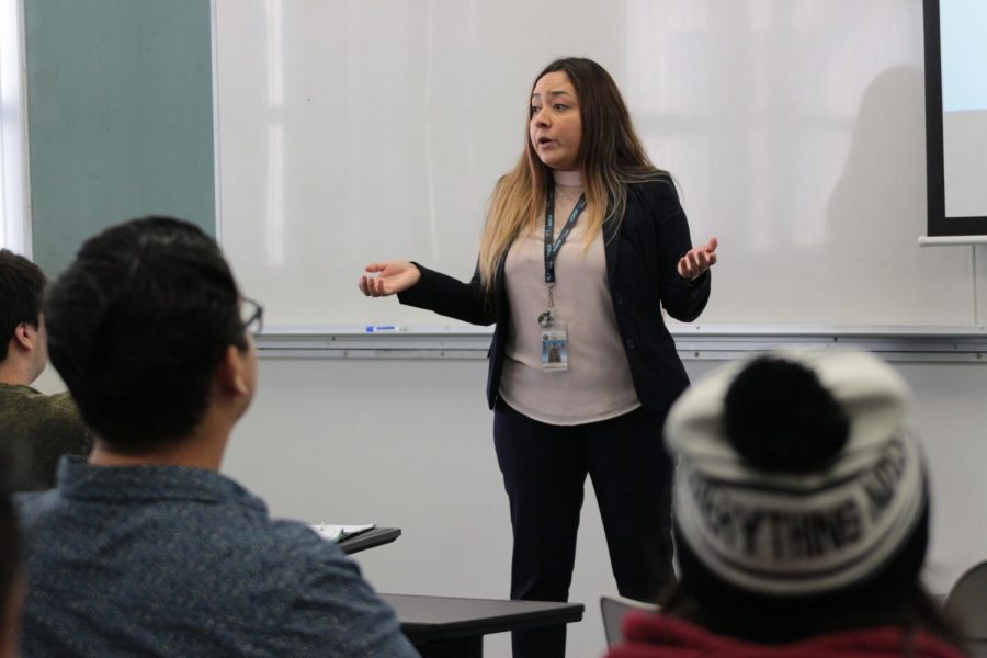 Jennifer Arenas, guest speaker, talks to students about the Disney College Program and ways to apply. The Disney College Program gives students the opportunity to have hands on experience in one of their parks.