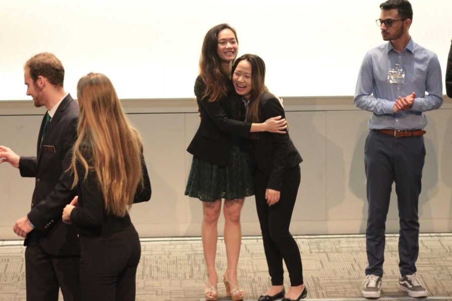 Kimberly Hong, director of programs, hugs Kelly Seang, accounting major, when her name was announced for first place in accounting principles. Phi Beta Lambda represented Cerritos College at the 2018 State Business Leadership Conference on April 6-8.