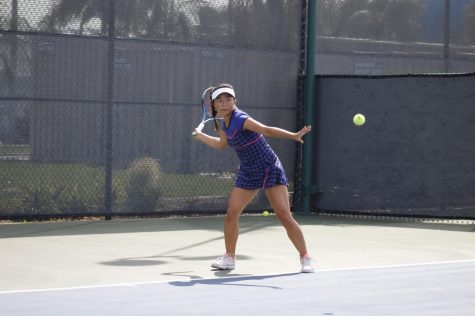 Sophomore Lisa Suzuki on day two of the South Coast Conference tournament. Suzuki won the conference singles and doubles with her partner freshman Kseniia Prokopchuk.