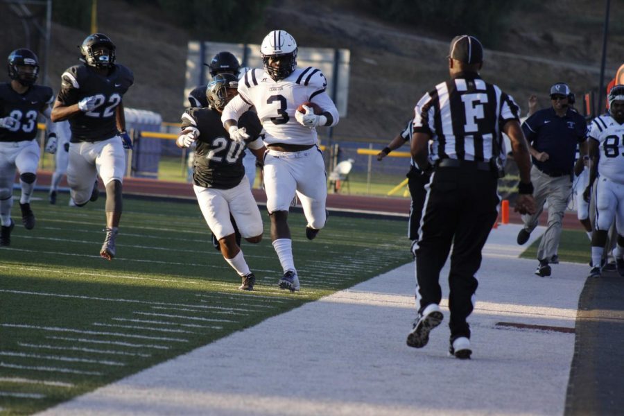 Sophomore running back No. 3, Rhamondre Stevenson ran for 200 yards against Moorpark Colleges defense. Stevenson ran through Moorparks defensive line with the hole the Cerritos offensive line created, before shortly running out of bounds at Moorpark College on Sept. 8.