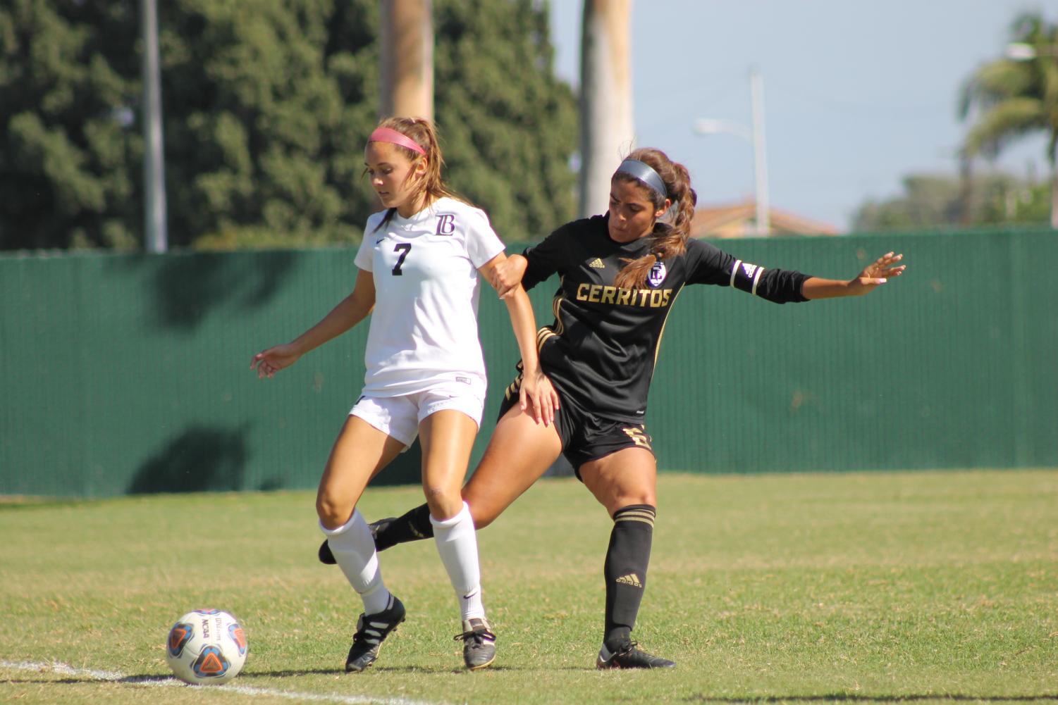 Sophomore defender No. 6 Brianna Yepez fighting for the ball on Oct. 9 against Long Beach City College at Cerritos College.