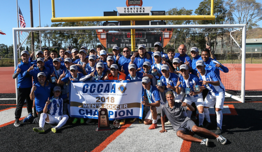 The Cerritos College men's soccer team won the California Community College Athletic Association State Championship against Golden West College, after a successful season. The team managed to tie the game late in the second half and won the game after Golden West College conceded a tie-breaking penalty allowing the Falcons to emerge victorious 2-1, at Ventura College on Dec. 2, 2018.
Photo courtesy of Daryl Peterson/Cerritos Sports Information