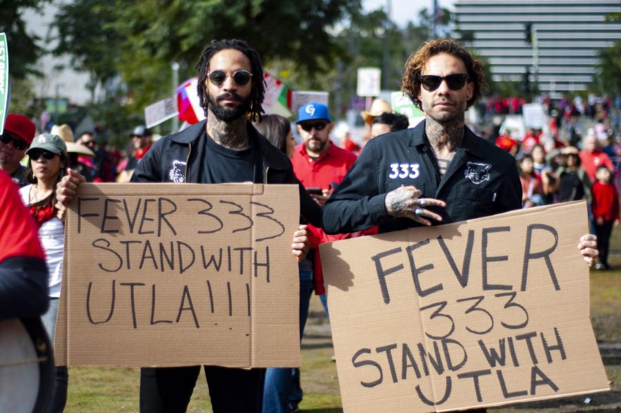 The Fever33 celebrate the drop of their first album, Strength in Numb33rs, by attending the DTLA teachers march on Friday, January 18. 