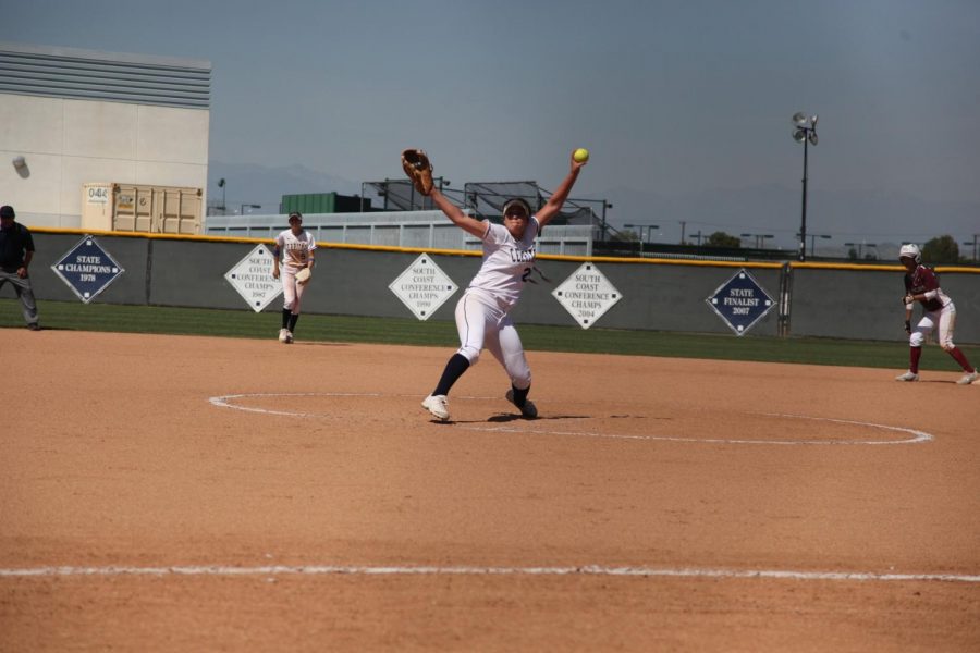 Sophomore pitcher No. 20 Sierra Gerdts pitching in the second game against Southwestern College in a doubleheader on April 13, 2019 at Cerritos College. Gerdts pitched a total of four innings and allowed five hits and had one error. 