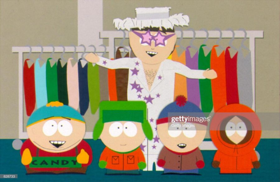 Characters from the cartoon T show South Park including Elton John rear with from L to R Kenny, Stan, Kyle and Cartman are featured in a 1998 episode