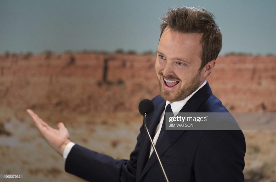 US actor Aaron Paul, who played the character Jesse Pinkman in the AMC series Breaking Bad, speaks at the National Museum of American History in Washington, DC, November 10, 2015, during memorabilia donation ceremony